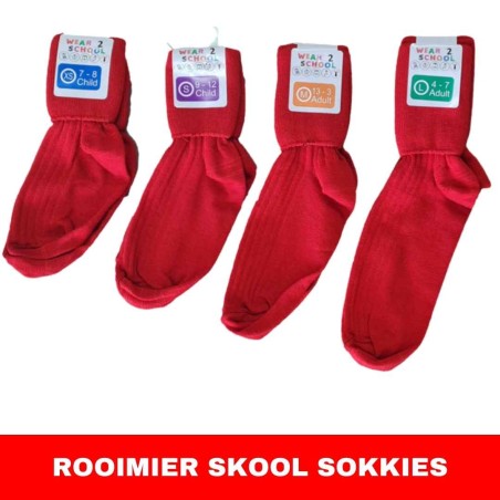 Laersool Rooihuiskraal rooi sokkies beskikbaar in verskeie groottes