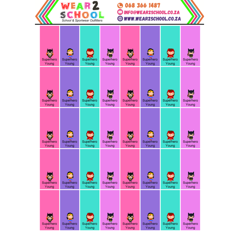 School stationery marking labels available in various themes