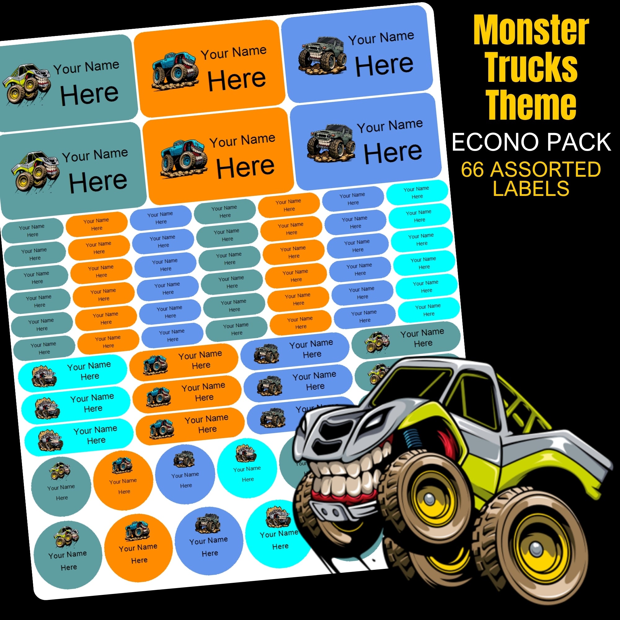 Monster Trucks Stationery Labels