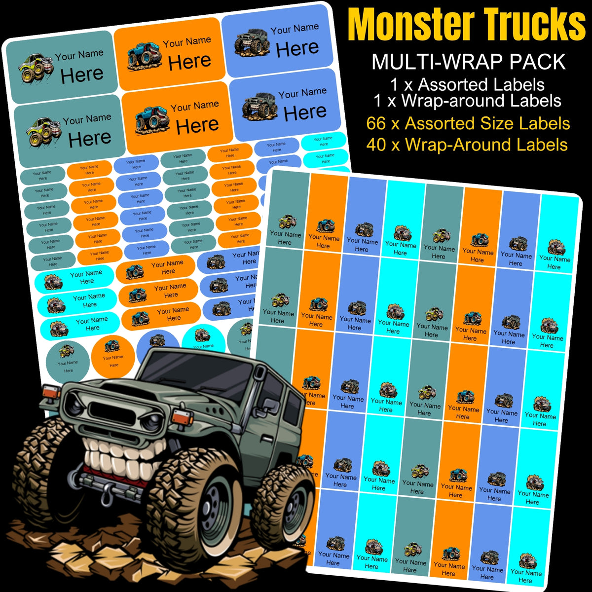 Monster Trucks Stationery Labels
