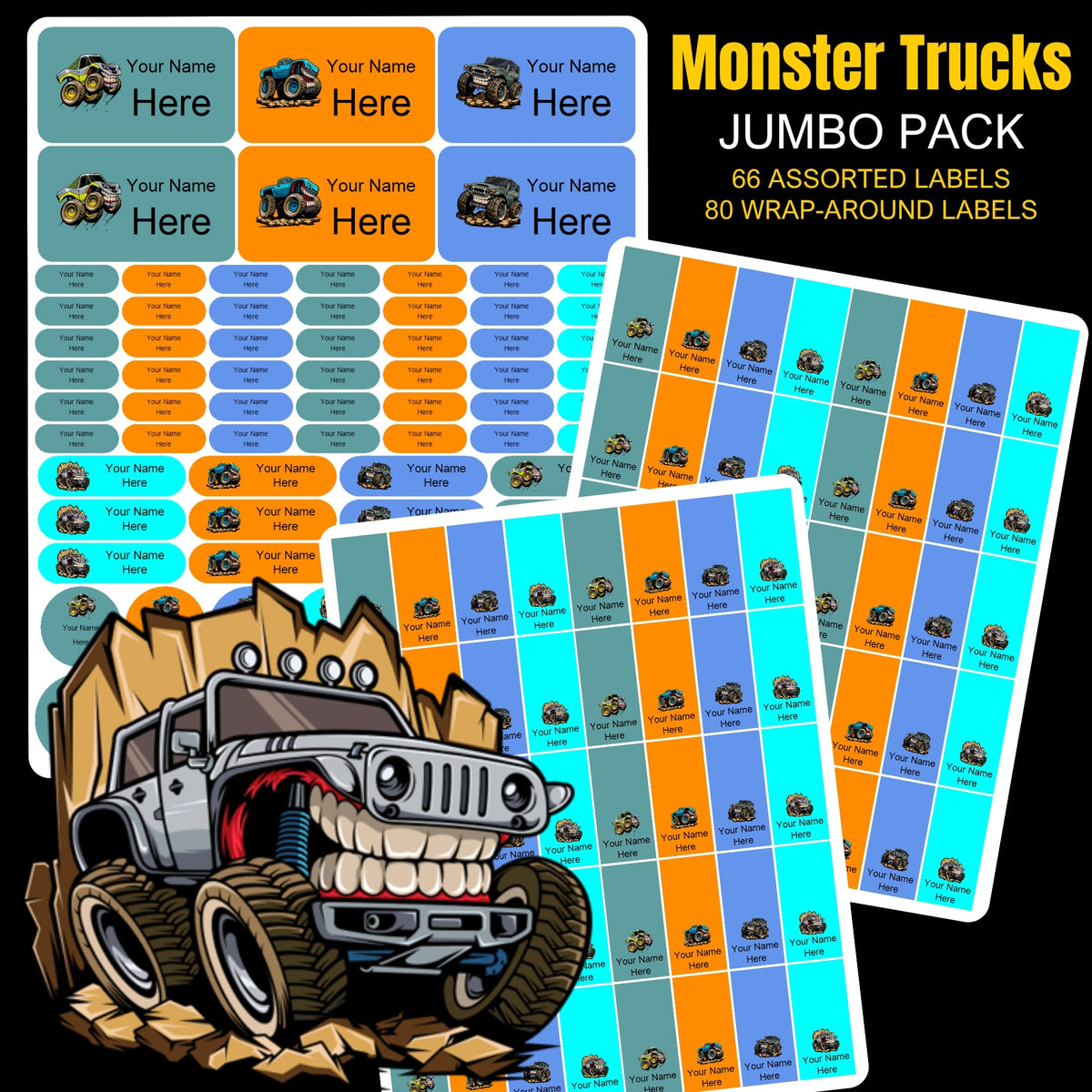 Monster Trucks Stationery Labels