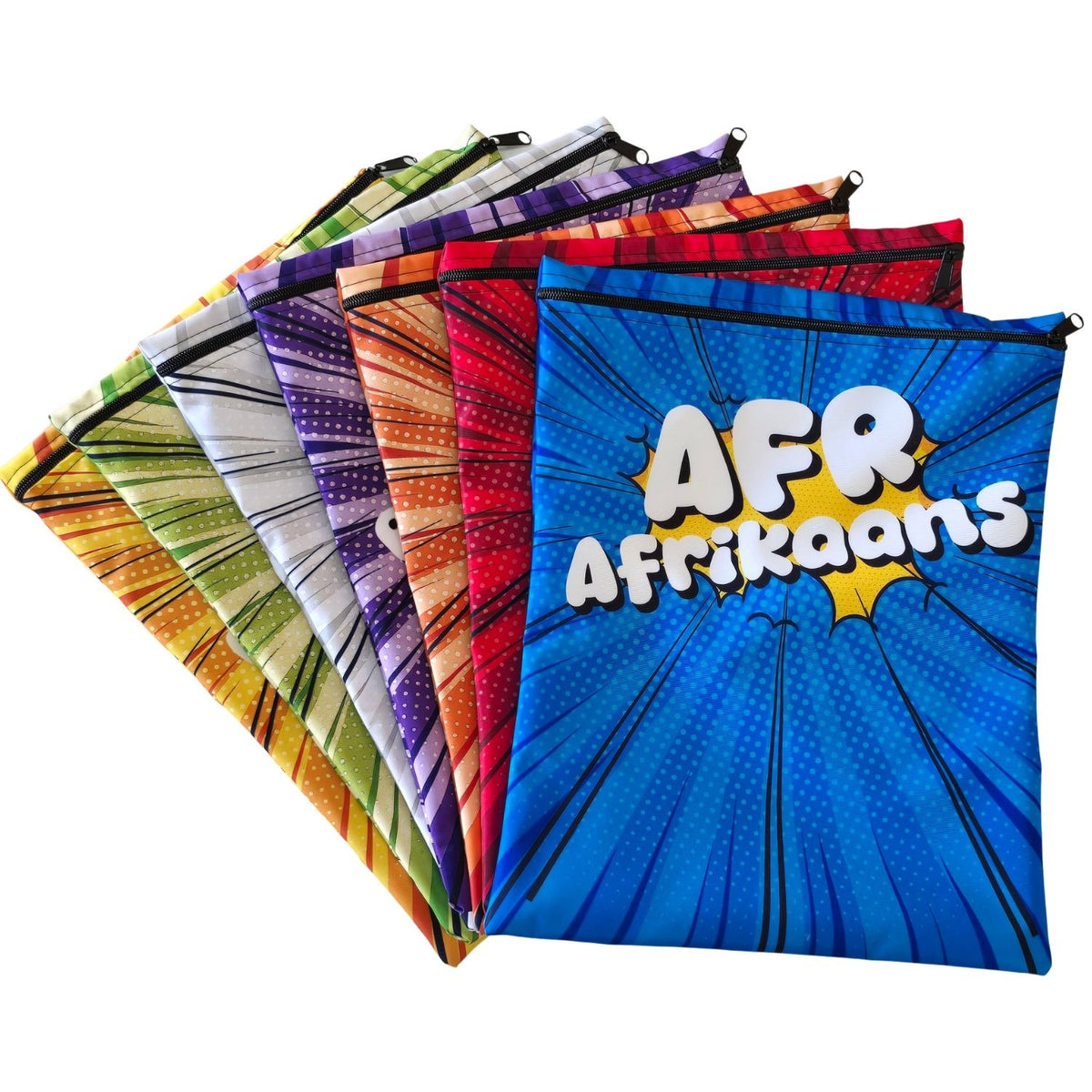 Set of 7 - Comic Design Book Bag Set with Subject Names In Afrikaans