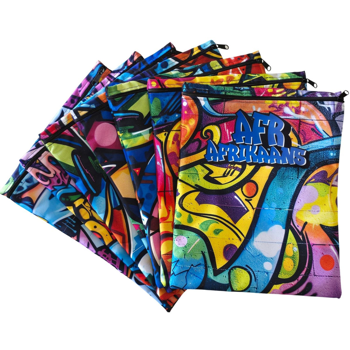 Set of 7 - Graffiti Design Book Bag Set with Subject Names In Afrikaans